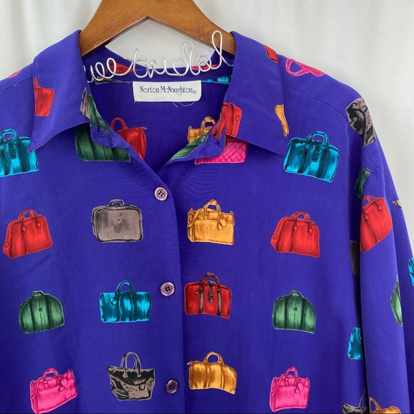 Vintage Tops - vintage 80s button up travel suitcase print blouse